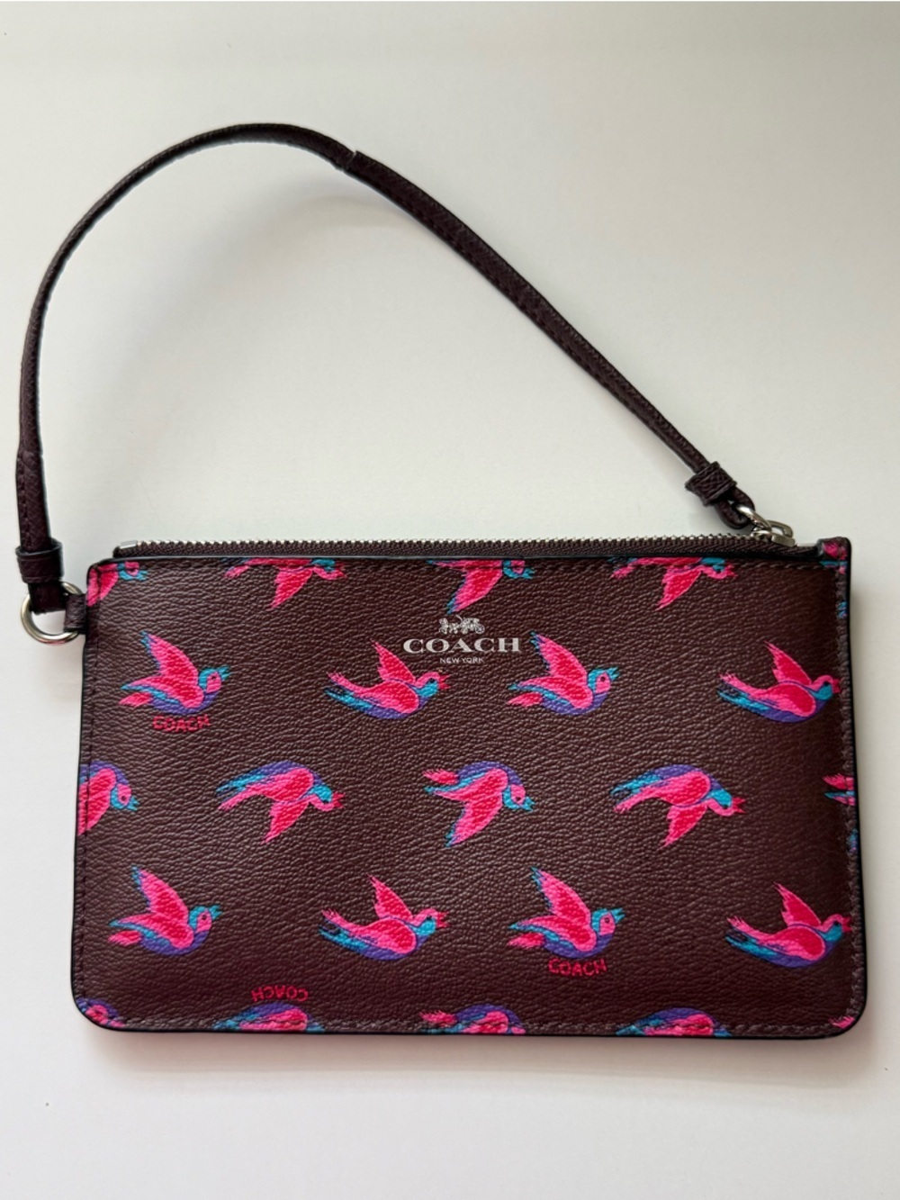 Coach Happy Bird Print Leather Wristle Wallet in Oxblood Brown & Pink Women’s OS